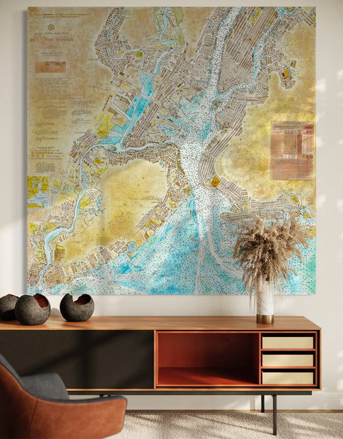 72"x72" nautical chart painting blending adventure and nostalgia with intricate lines and historical charm.